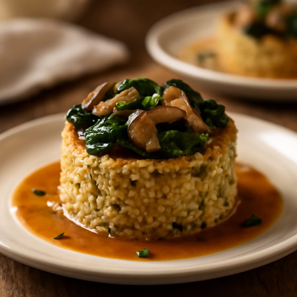 Timbal de quinoa con shiitake al miso y espinacas
