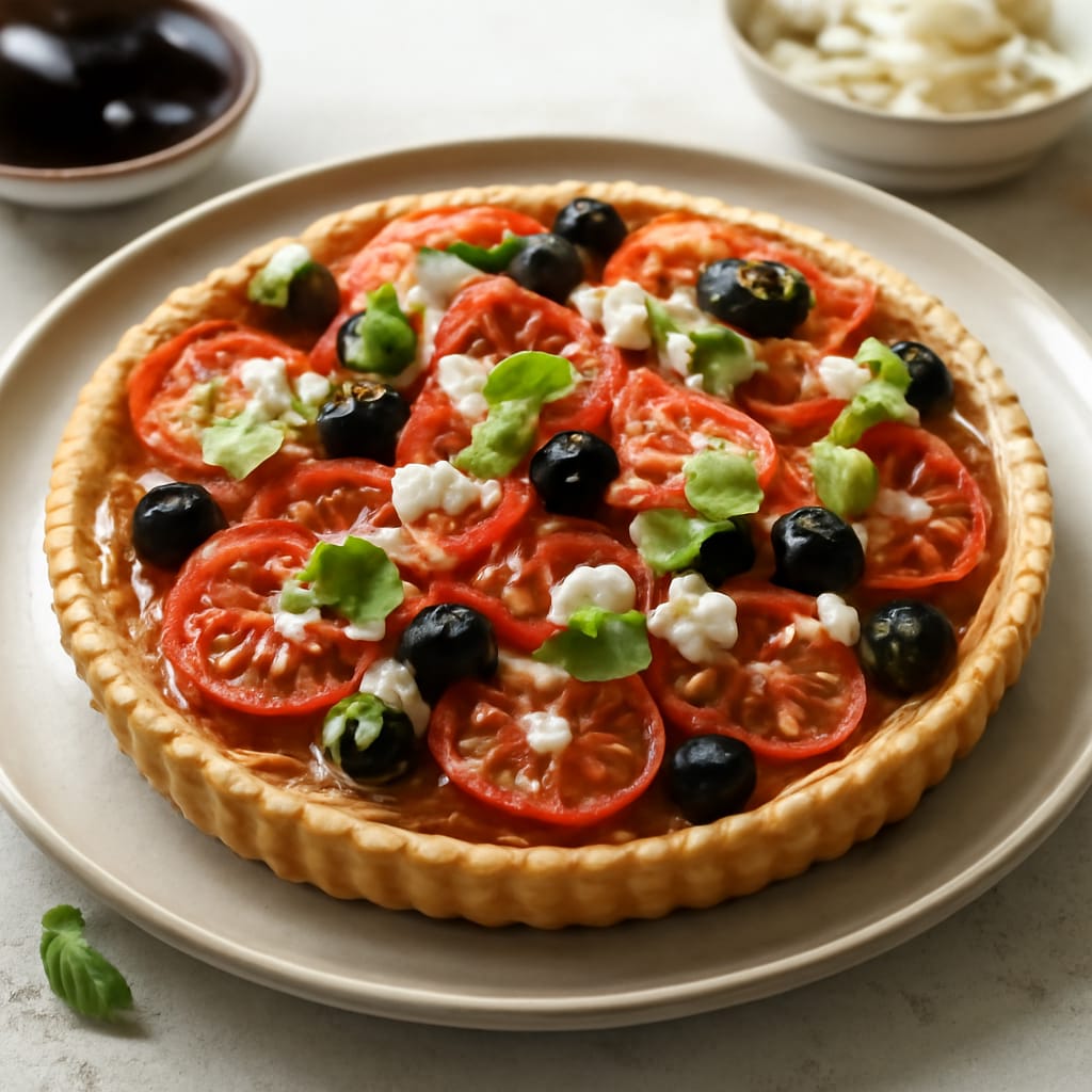 Tarta salada de tomate, aceitunas y feta