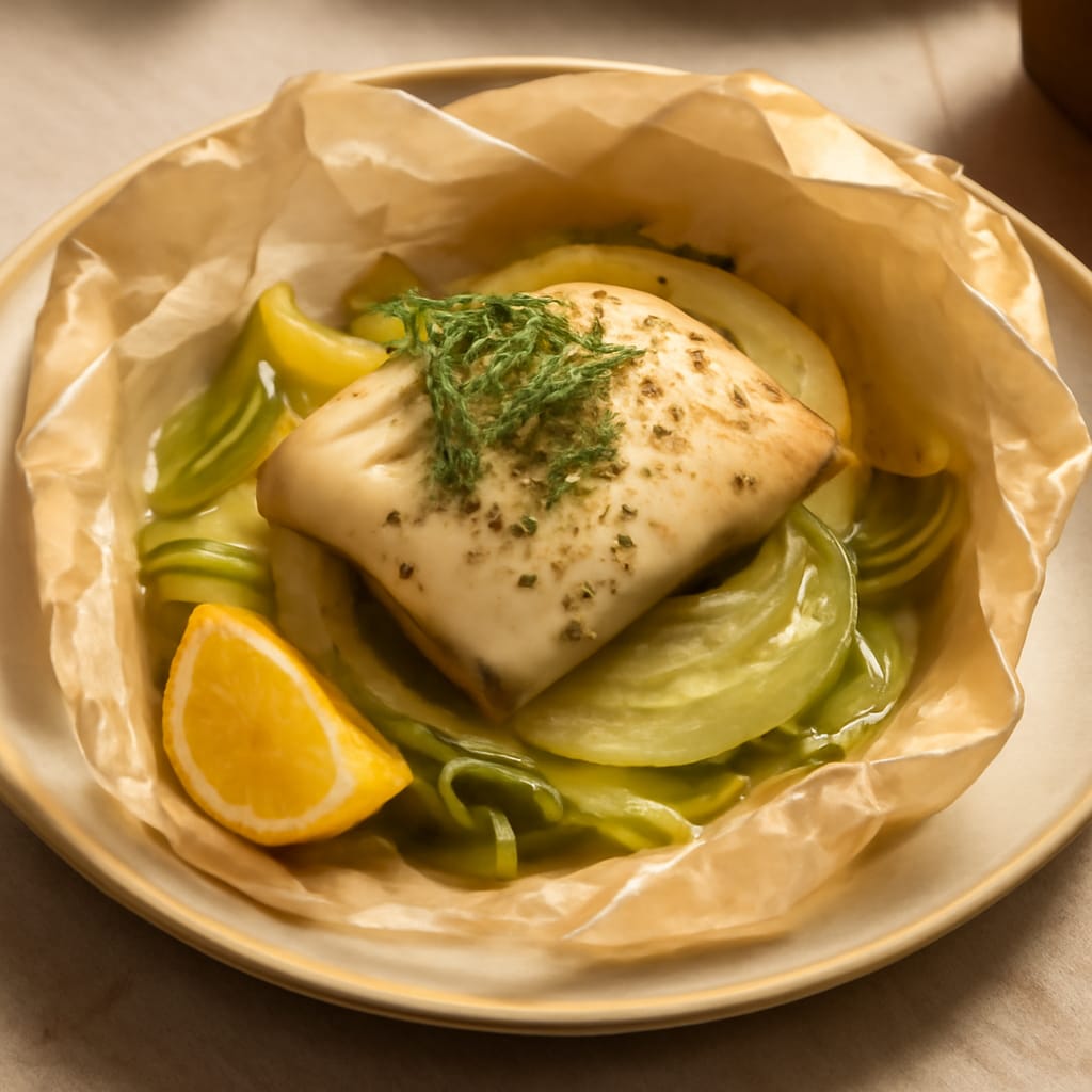 Lomo de merluza al papillote con hinojo
