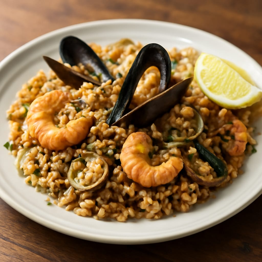 Paella de arroz integral con mariscos